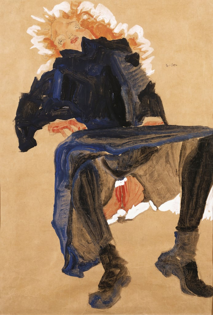 Egon Schiele Liegendes Mädchen in einem blauen Kleid 1910, Tempera und Bleistift auf braunem Papier