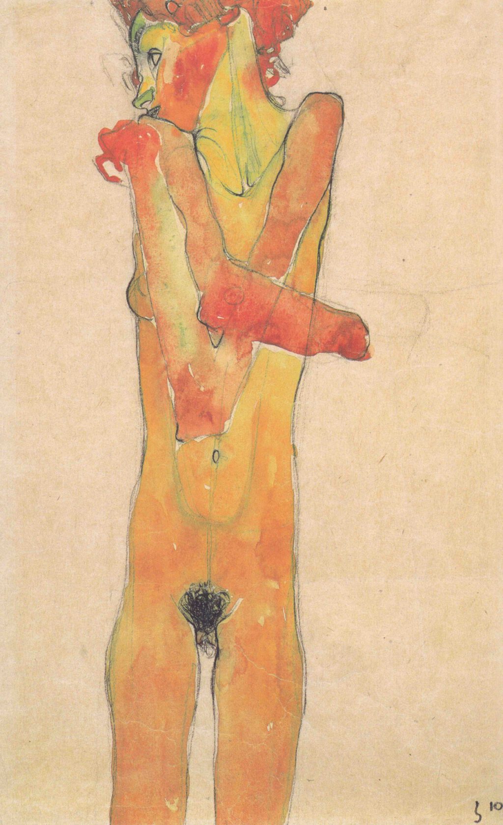 Egon Schiele “Mädchenakt mit verschränkten Armen” (Sister Gerti Schiele) 1910, Gouache, watercolour and pencil, 28 x 49 cm