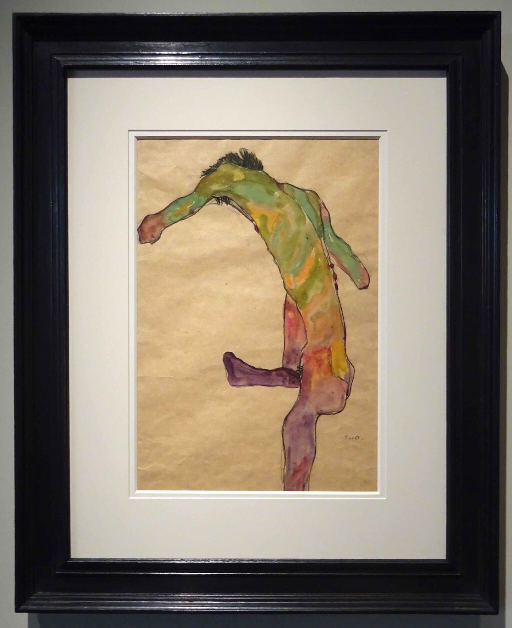 Egon Schiele Male Nude with Raised Leg, back view 1910, Watercolour and pencil on paper