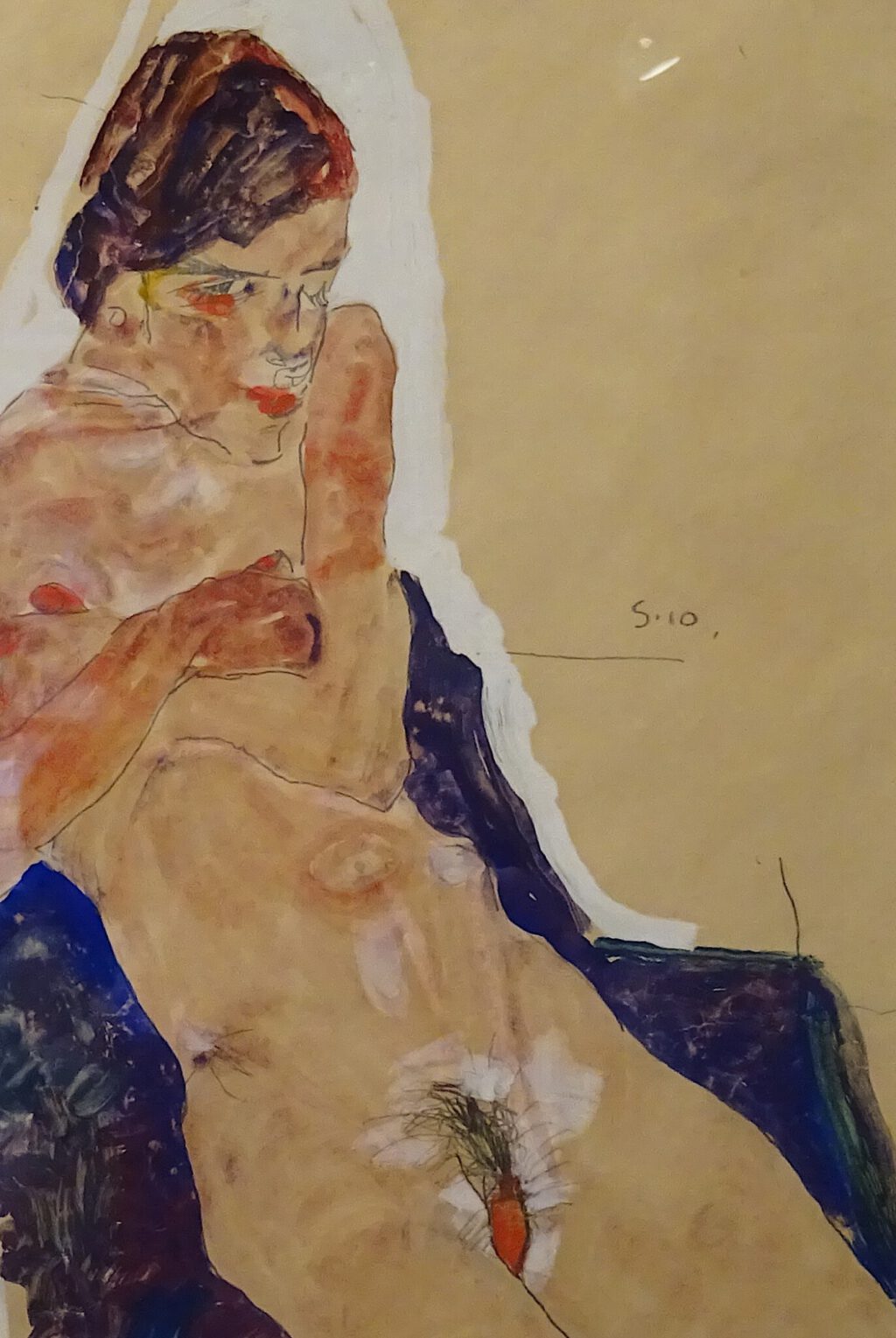 Egon Schiele Reclining Girl on Blue Cloth 1910, Gouache, watercolour and pencil on paper, detail