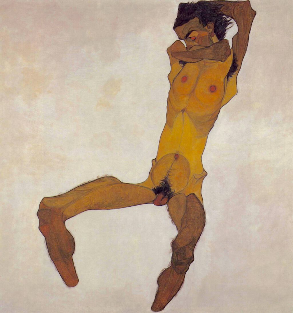 Egon Schiele Sitzender Männerakt (Selbstdarstellung) 1910 Öl und (zum Teil) Deckfarben auf Leinwand, 152.5 x 150 cm, unsigniert, undatiert