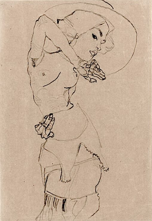 Egon Schiele “Standing nude with large hat” (Sister Gertrude Schiele) 1910, Charcoal on paper, 44.5 x 31 cm