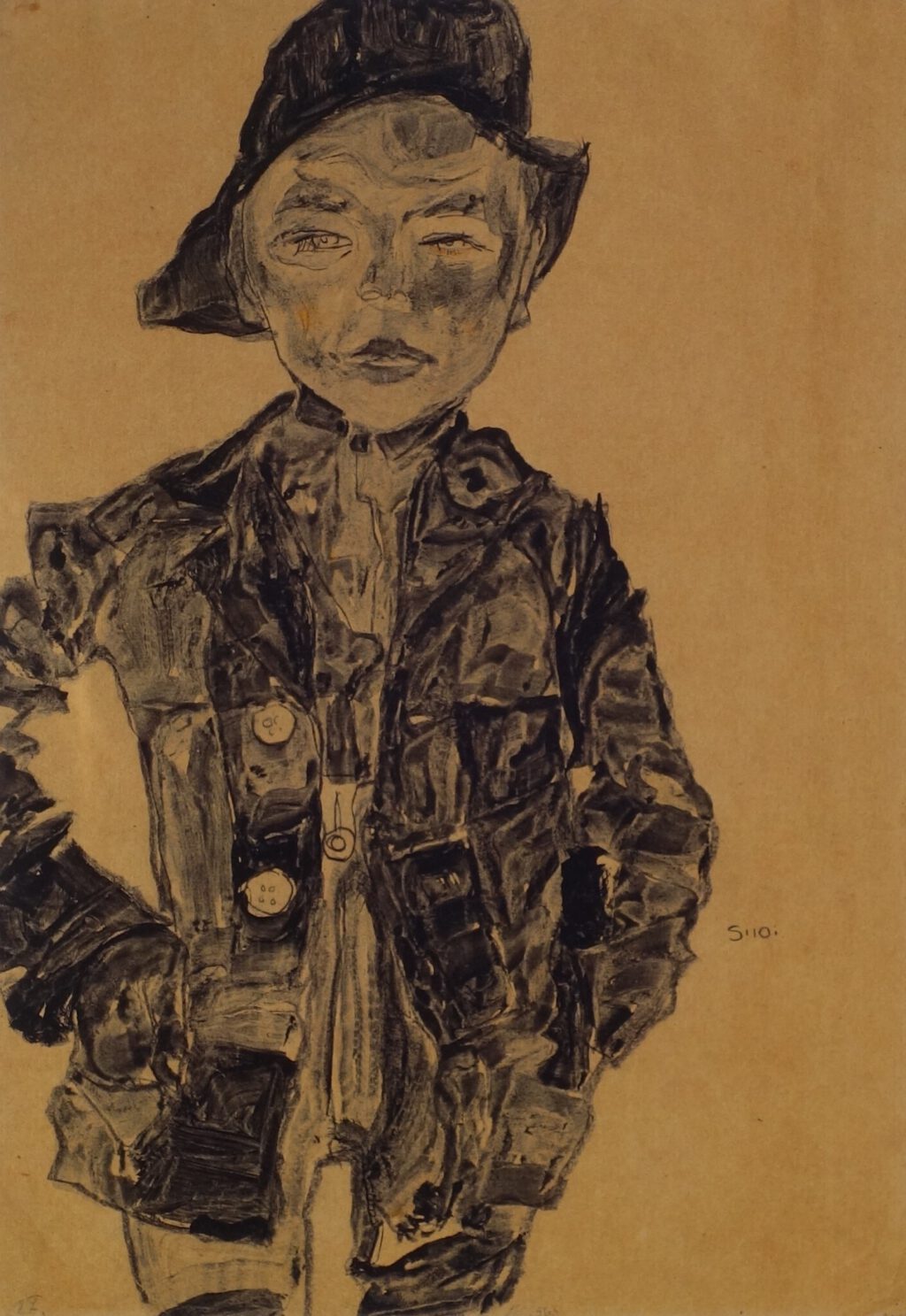Egon Schiele Stehender Knabe 1910, Black wash and charcoal on paper, 44.6 x 31 cm