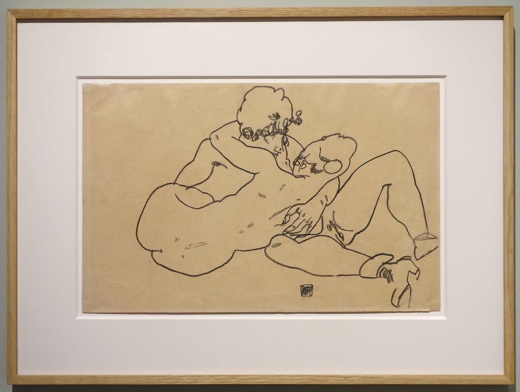 Egon Schiele Two Embracing Nudes (Lovers) 1918, Black crayon on paper