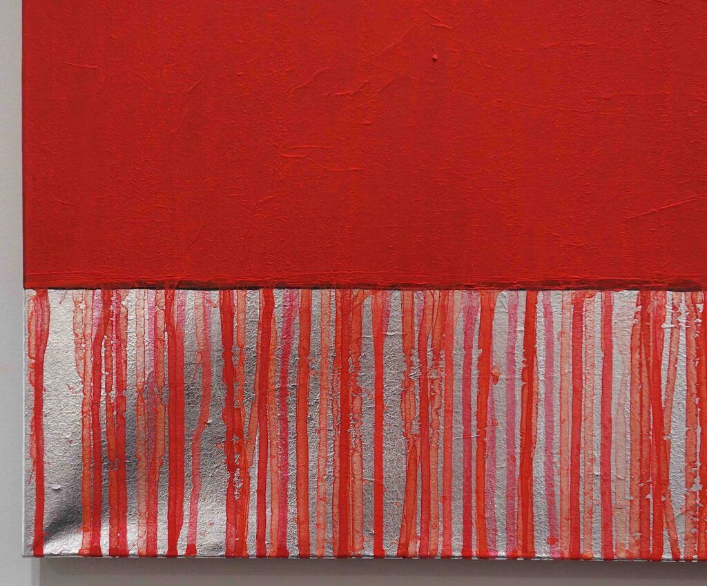 桑山 忠明 KUWAYAMA Tadaaki TK8742 1-2-61 1961, Red pigment with silver leaf, 108 x 76.2 cm, detail @ The Mayor Gallery, Art Basel 2023