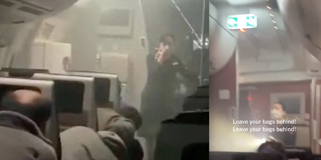Cabin attendant giving evacuation instructions to passengers on Japan Airlines Flight 516, 2024, Jan. 2