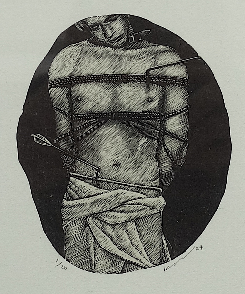 NAGASHIMA Kazutaka 長嶋 一孝 磔 (Crucifixion) 2024, print on Japanese paper, ink, 11 x 10 cm, ed. 1:20