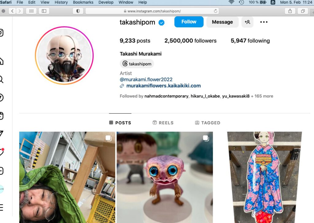 Screenshot of MURAKAMI Takashi’s Instagram account on 5th of February 2024, at 11 24 Japan time.