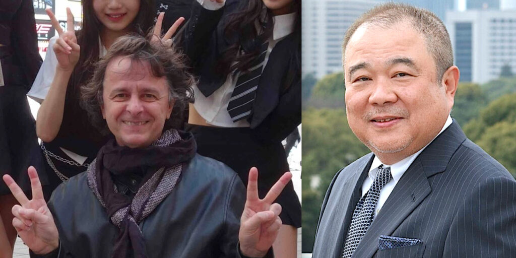 1959年生まれ、日本アーティスト亜 真里男 (2023年の写真) と 1963年生まれ、カルチュア・エンタテインメントの中西一雄社長 (2024年の写真)