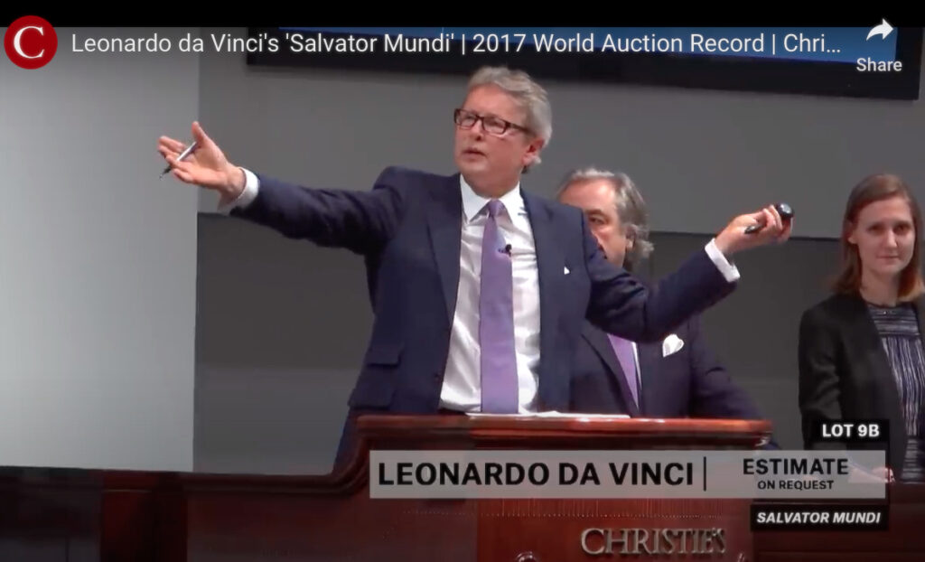 Auctioneer Jussi Pylkkänen hammering down the breathtaking sale of “Salvator Mundi” by Leonardo da Vinci for US $ 450 million, Nov. 2017.