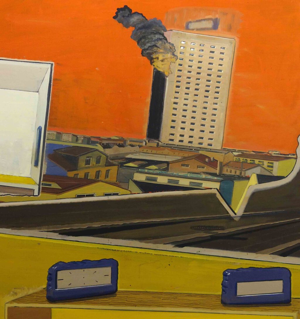 Neo Rauch Uhrenvergleich 2001. Oil on canvas, 250 x 200 cm, detail @ Eigen + Art, Art Basel 2024