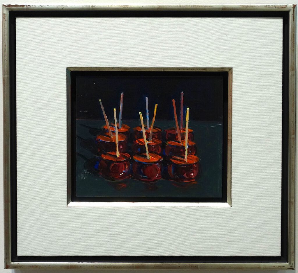 Wayne Thiebaud Untitled (Candy Apples) 1998. Oil on board, 15.9 x 19.1 cm @ Acquavella Galleries, Art Basel 2024