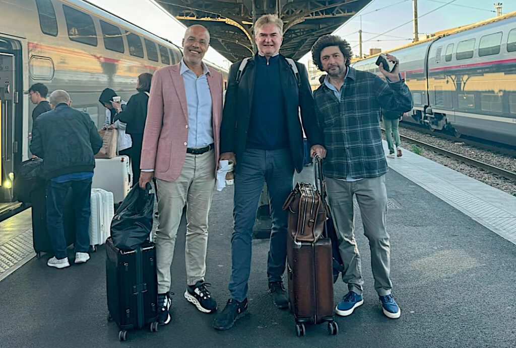 Arriving for Art Basel 2024. From left Galerie owner Kamel Mennour, Christophe Van de Weghe owner of Van de Weghe Fine Art, private art dealer Philippe Ségalot