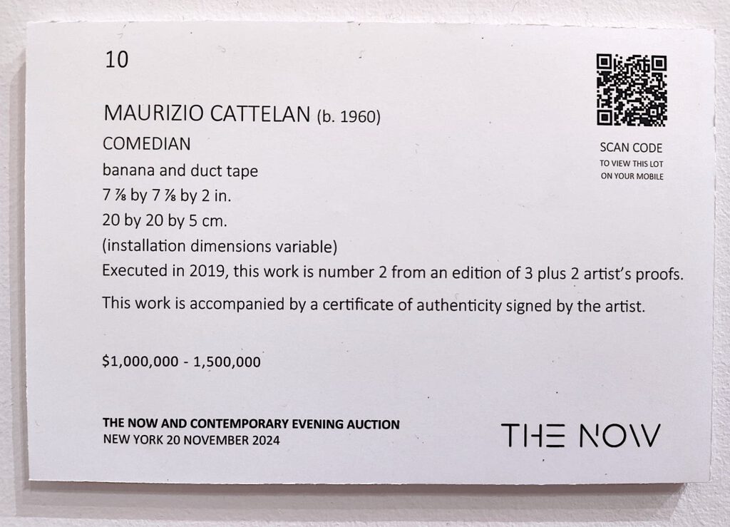 Maurizio Cattelan (b. 1960) “COMEDIAN”, banana and duct tape, 20 by 20 by 5 cm @ THE NOW, New York, 20 November 2024