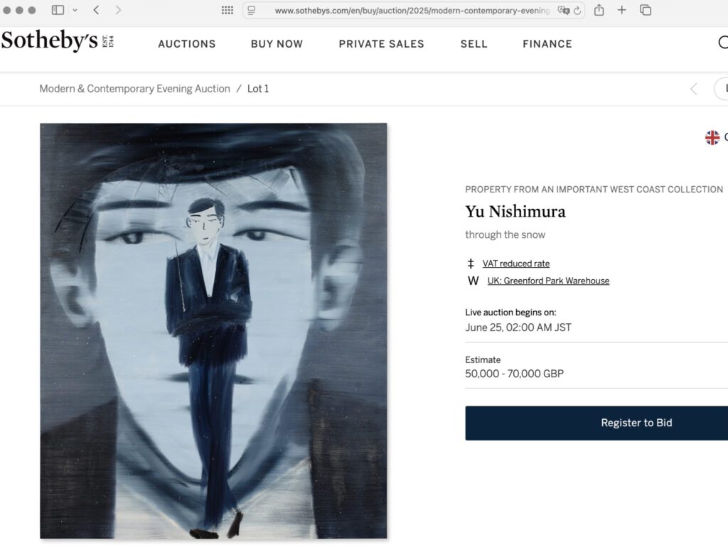 西村有 NISHIMURA Yu “through the snow” 2023, oil on canvas, 194 x 161.9 cm. Exhibited in October 2023 @ BLUM, Los Angeles. “Art-flipped” on 25th June 2025 @ Sotheby’s, Lot 1, screenshot_1