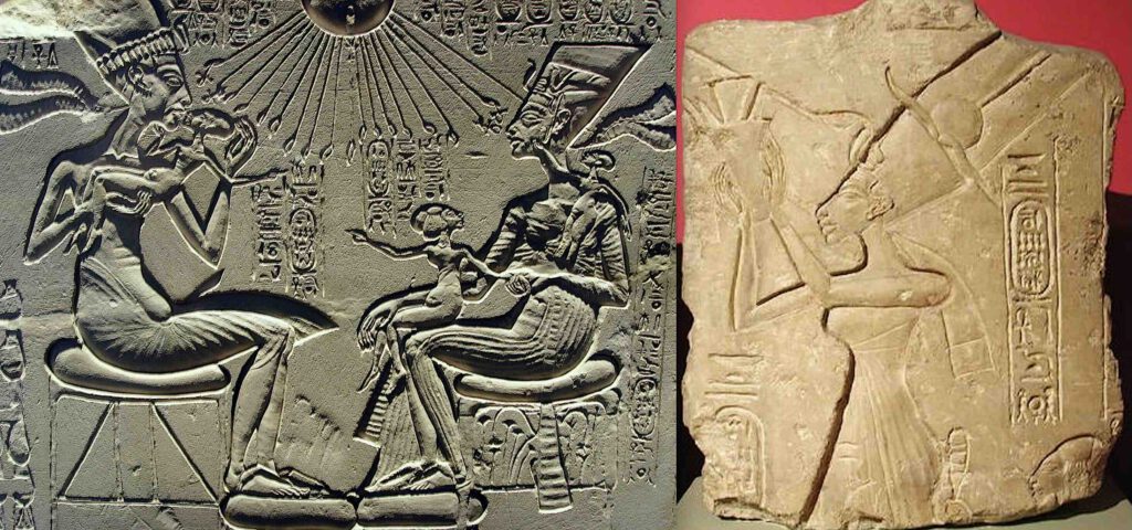 Akhenaten right and Nefertiti left, with their children. Nefertiti, limestone relief