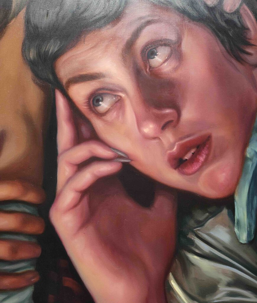 Chloe Wise Wake up, mutate and ascend 2025. Oil on linen, 185.1 x 154.9 x 5.1 cm, detail_1