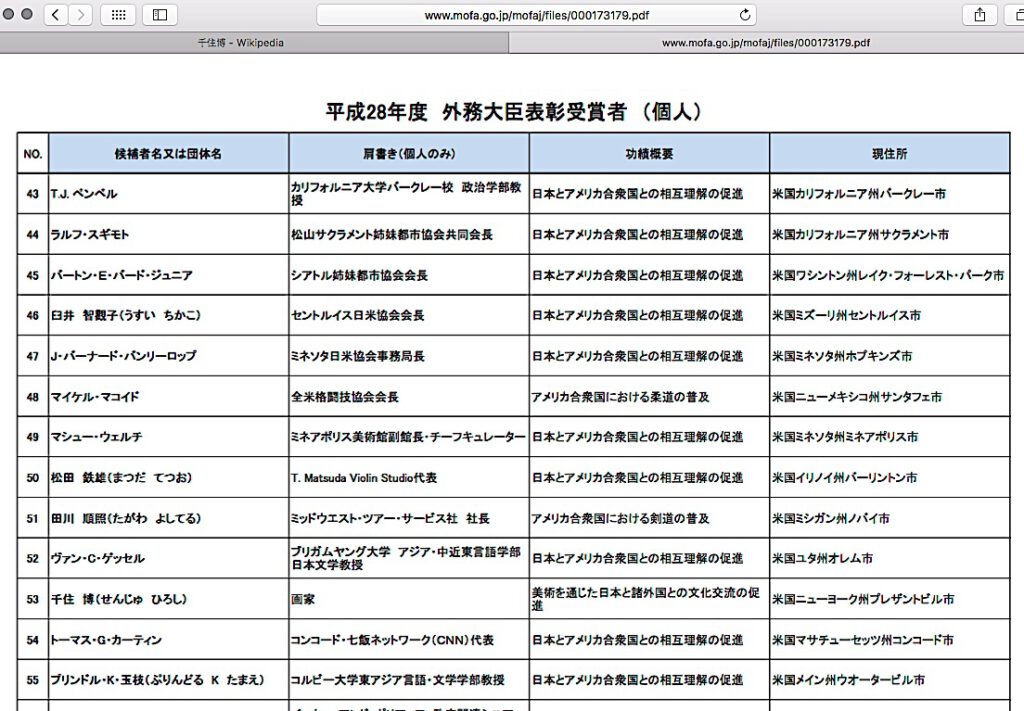千住 博 外務大臣表彰受賞