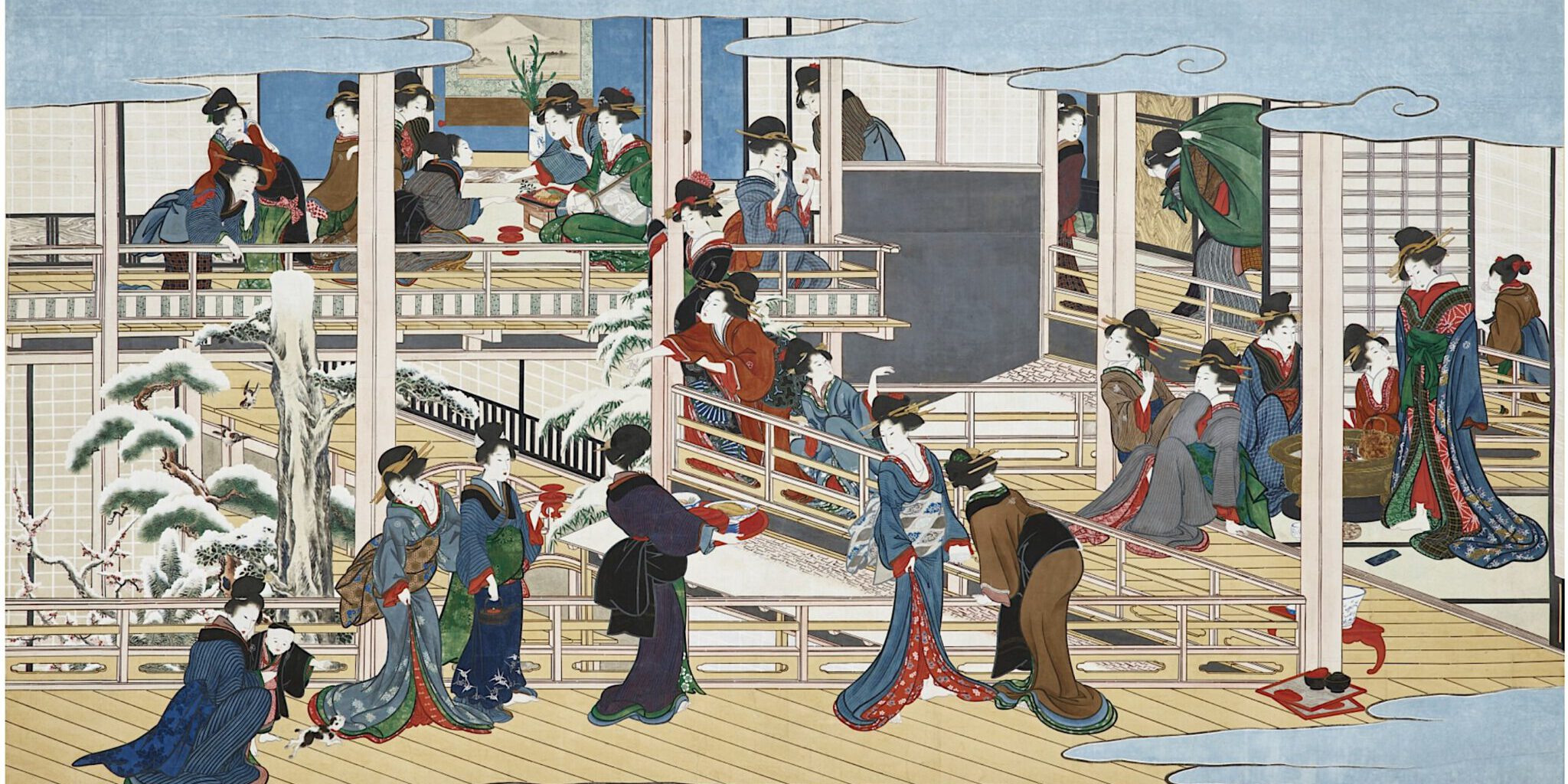 喜多川歌麿 UTAMARO Kitagawa (1754-1806) 深川の雪 Fukagawa in Snow ca. 1802-06, hanging scroll, 198.8 x 341.1 cm | 喜多川歌麿 UTAMARO Kitagawa (1754-1806) 「深川の雪」"Fukagawa in Snow", ca. 1802-06, hanging scroll, 198.8 x 341.1 cm