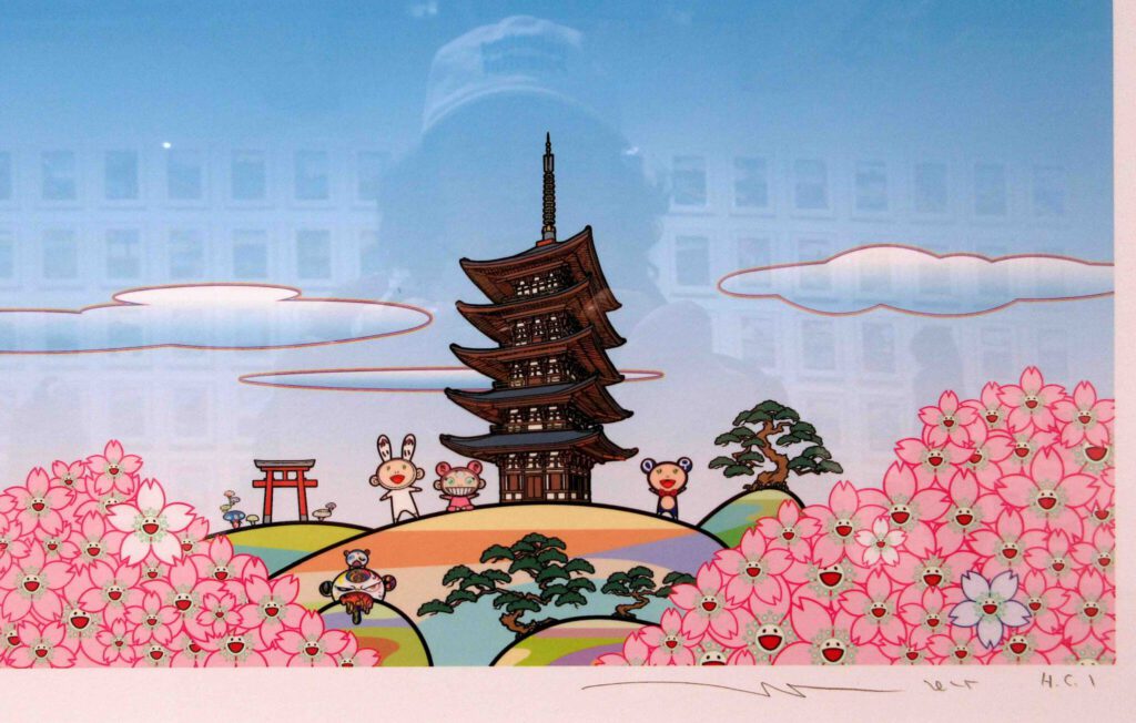 村上隆 Takashi Murakami “Mount Fuji in Spring and Japan Seen from Kanagawa-oki-namiura” 2025, detail with ‚Gero -Takashi-kun‘ with his younger brother