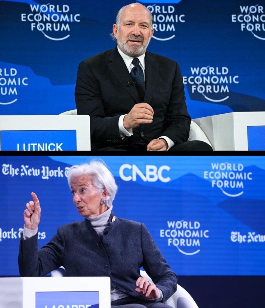 Christine Lagarde leaves the room during Howard Lutnick’s talk