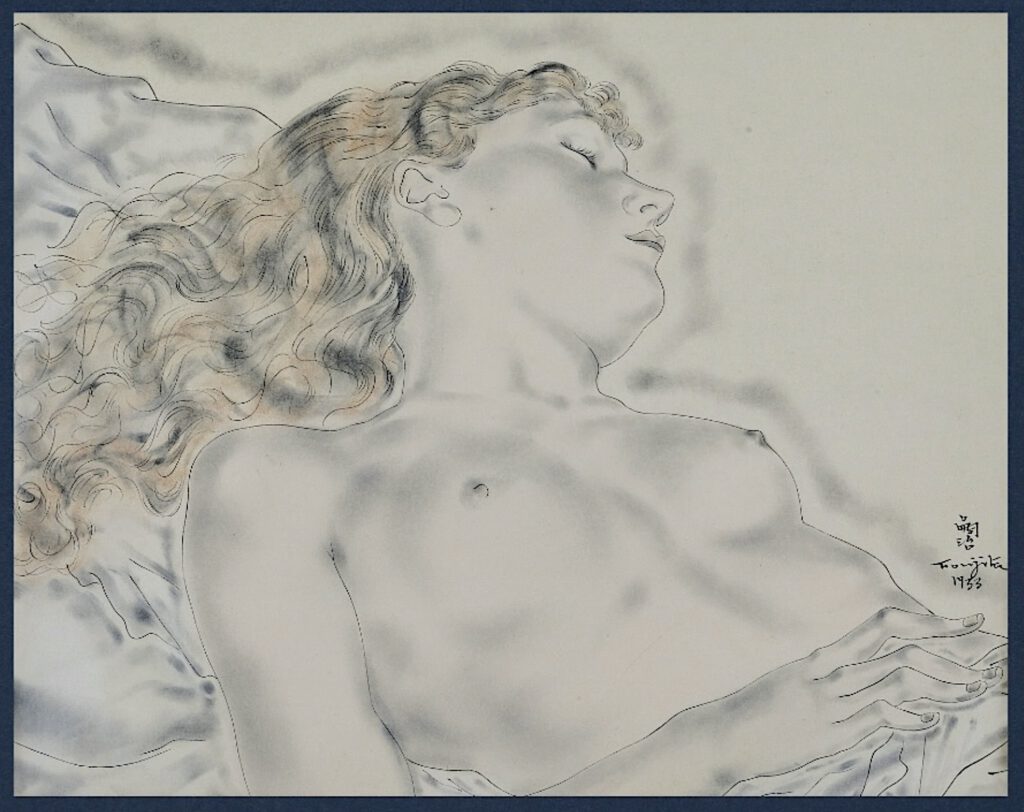 レオナール・嗣治・フジタ Léonard Tsuguharu Foujita Madeleine endormie a Tokyo 1933. Pen and ink, ink wash, watercolour on paper.