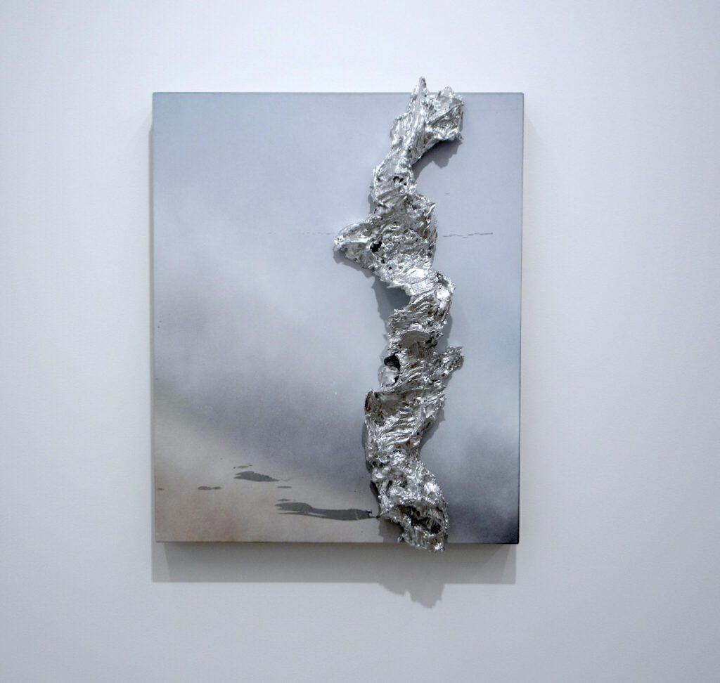 AOKI Yutaka 青木豊 Untitled 2026. Acrylic, spray paint, aluminum paint on canvas mounted on panel. 68.8 x 53.0 @ KOSAKU KANECHIKA Gallery