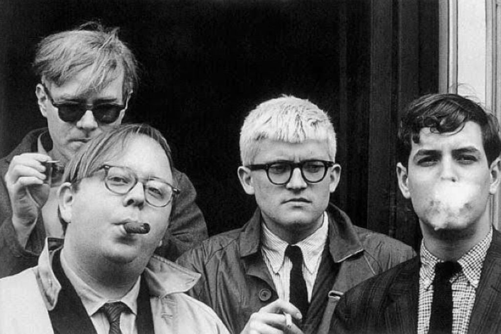 Andy Warhol, Henry Geldzahler, David Hockney and Jeff Goodman, 1963, photo by Dennis Hopper