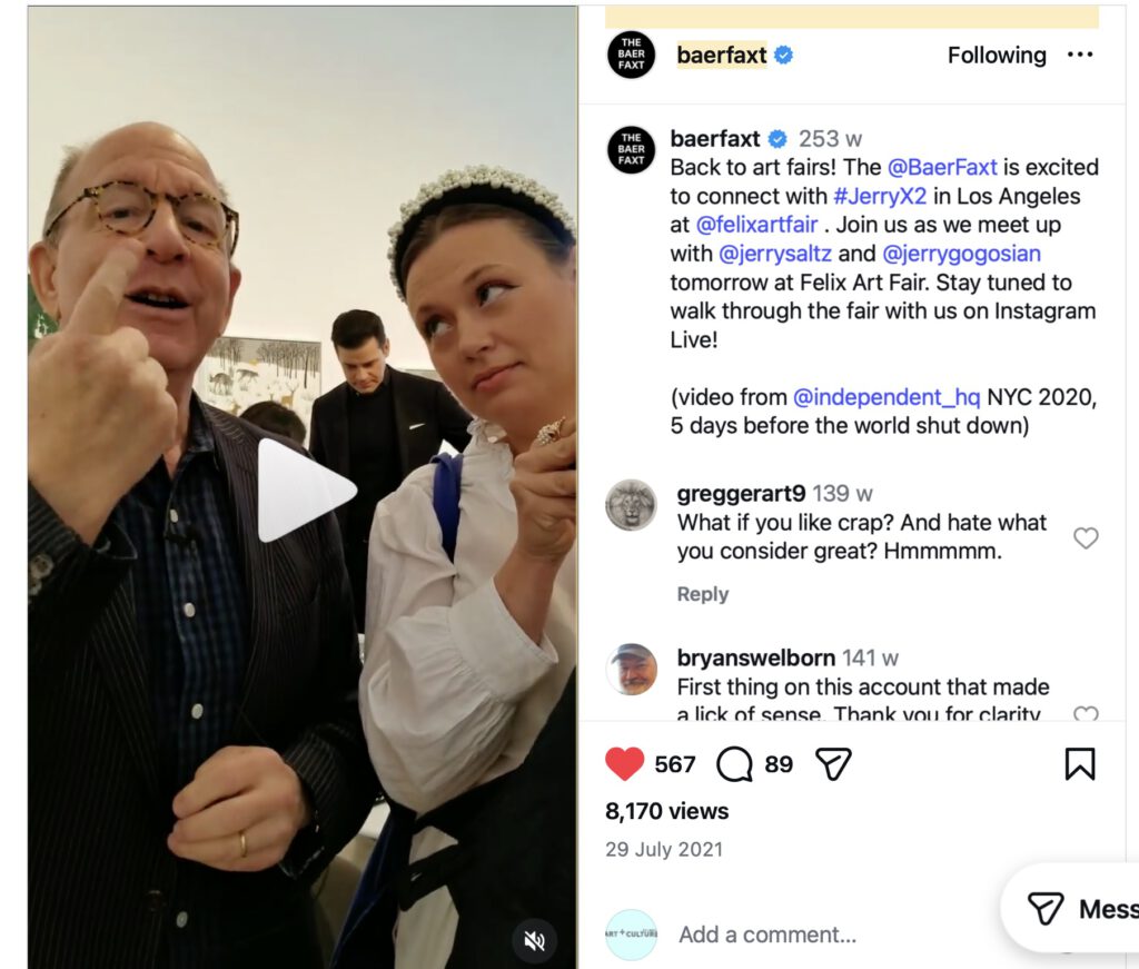 Hilde Lynn Helphenstein aka Jerry Gogosian with Jerry Saltz, 2021 on Instagram Baerfaxt 2