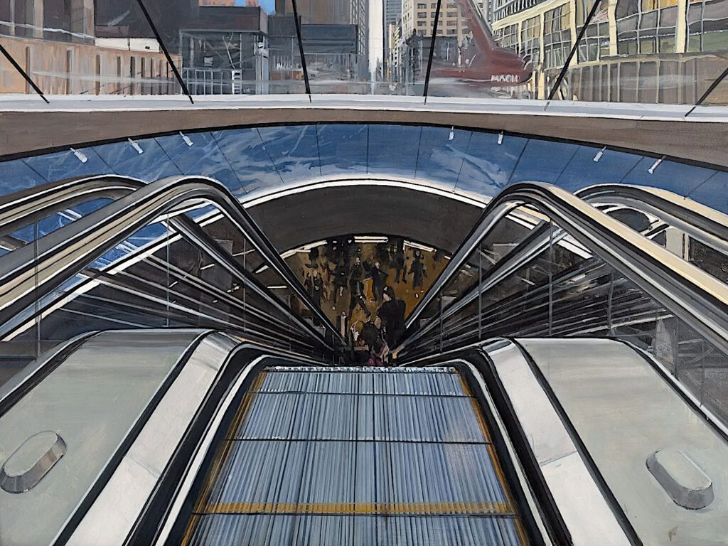 Richard Estes Escalator at Penn Station, 2023 Oil on panel 45.7 x 61 cm