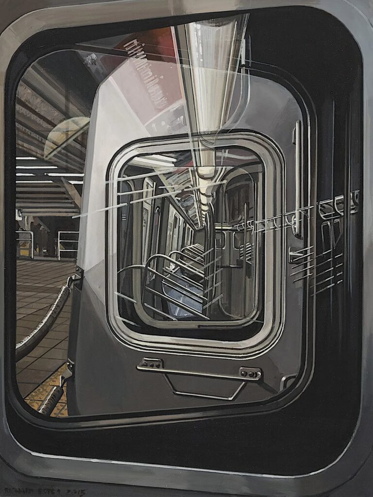 Richard Estes The L Train at 14th Street, 2015 Oil on board 40.6 x 30.5 cm