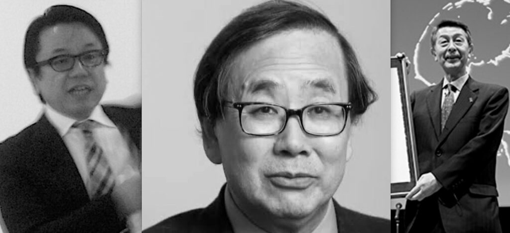 右から高倉功 (養子) 、建畠昭、太田秀典 From right TAKAKURA Isao (Kusama’s adopted son) , TATEHATA Akira, OTA Hidenori | 右から：高倉功 (養子) 、建畠昭、太田秀典 From right: TAKAKURA Isao (Kusama's adopted son) , TATEHATA Akira, OTA Hidenori