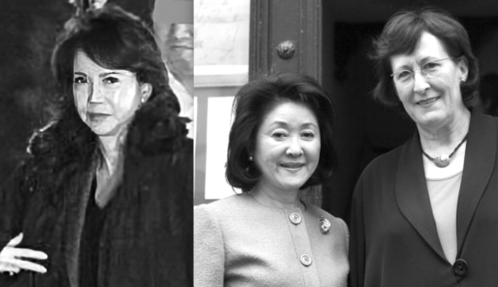 Left Mistress 愛人 of Taro Aso, Toshiko Sasabe 雀部敏子. Center Chikako Aso 麻生 千賀子, wife of Taro Aso | Mistress 愛人 of Taro Aso, Toshiko Sasabe 雀部敏子 (left). Chikako Aso 麻生千賀子, wife of Taro Aso (center)