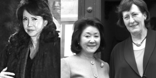 Left Mistress 愛人 of Taro Aso, Toshiko Sasabe 雀部敏子. Center Chikako Aso 麻生 千賀子, wife of Taro Aso | Mistress 愛人 of Taro Aso, Toshiko Sasabe 雀部敏子 (left). Chikako Aso 麻生千賀子, wife of Taro Aso (center)
